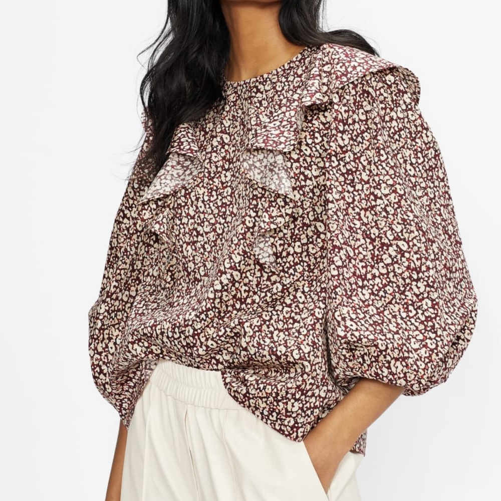 Ted Baker Sanjaa Frill Detail Balloon Sleeve Top Animal Print White Purple 2